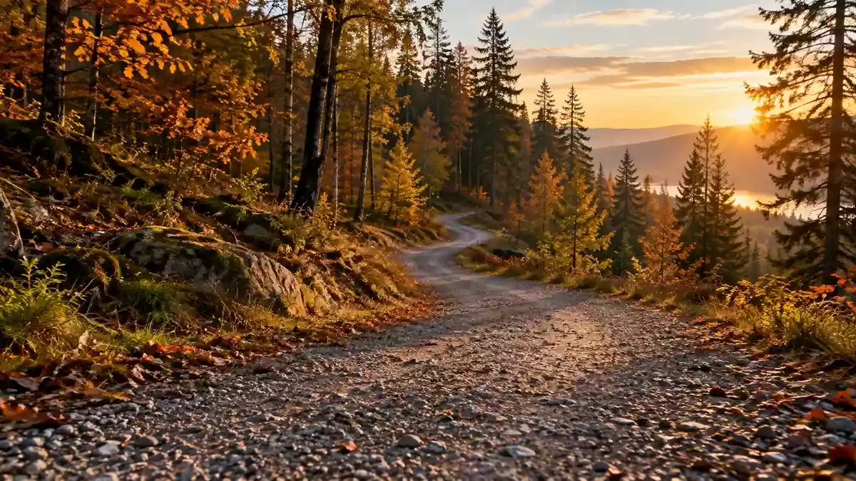 Ein einsamer, geschwungener Kiesweg, der durch einen herbstlichen Wald in der Abendsonne führt. Illustration mit AI erstellt.