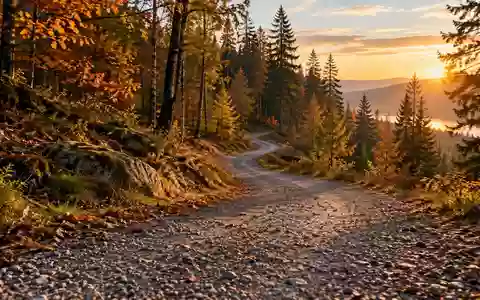 Ein einsamer, geschwungener Kiesweg, der durch einen herbstlichen Wald in der Abendsonne führt. - Foto: über boerse-global.de