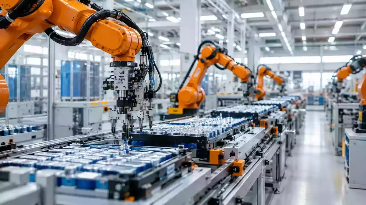 Automatisierte Fertigungsstraße in einer modernen Lithium-Ionen-Batteriefabrik. Illustration mit AI erstellt.