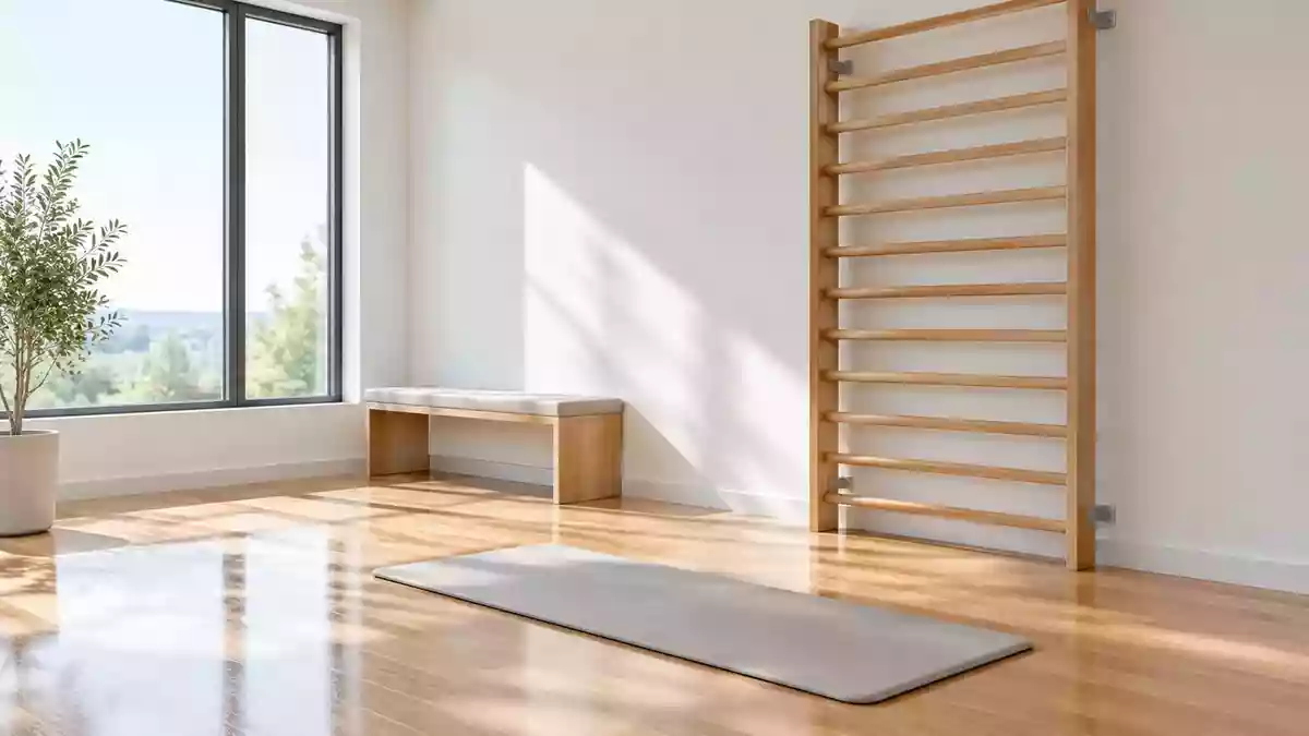 Ein minimalistischer, heller Therapieraum mit einer Sprossenwand und einer Gymnastikmatte auf einem Holzboden. Illustration mit AI erstellt.