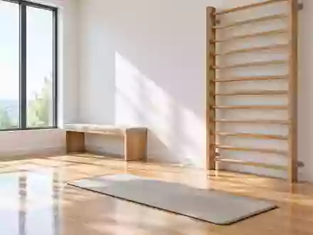 Ein minimalistischer, heller Therapieraum mit einer Sprossenwand und einer Gymnastikmatte auf einem Holzboden. - Foto: über boerse-global.de