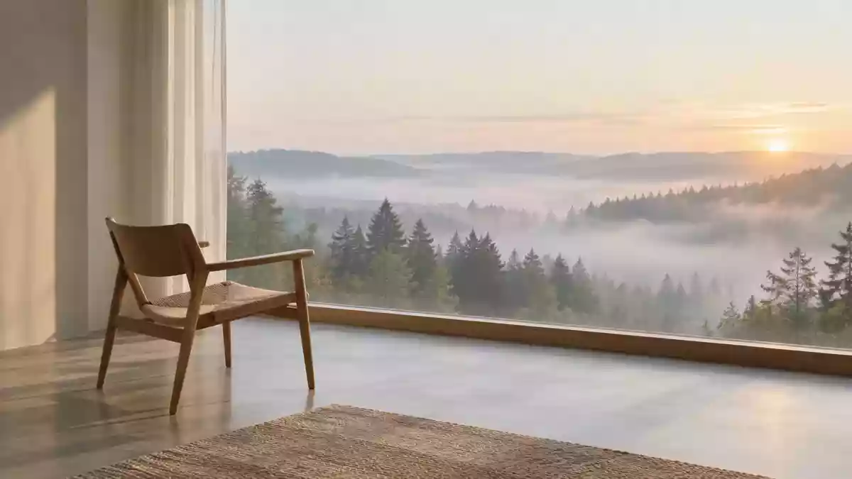 Ein ruhiger, minimalistischer Raum mit Blick auf einen nebligen Wald bei Tagesanbruch, der eine Atmosphäre der Entspannung vermittelt. Illustration mit AI erstellt.