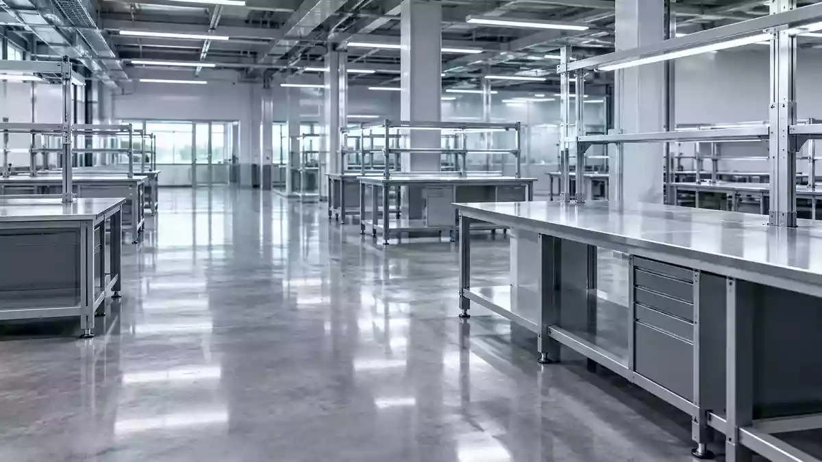 Eine sterile, moderne Industriehalle mit polierten Betonböden und minimalistischen, leeren Arbeitsstationen. Illustration mit AI erstellt.