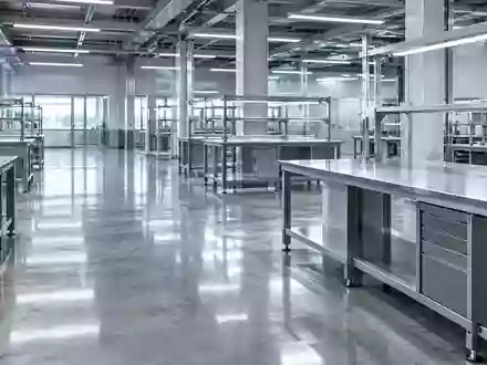 Eine sterile, moderne Industriehalle mit polierten Betonböden und minimalistischen, leeren Arbeitsstationen. - Foto: über boerse-global.de