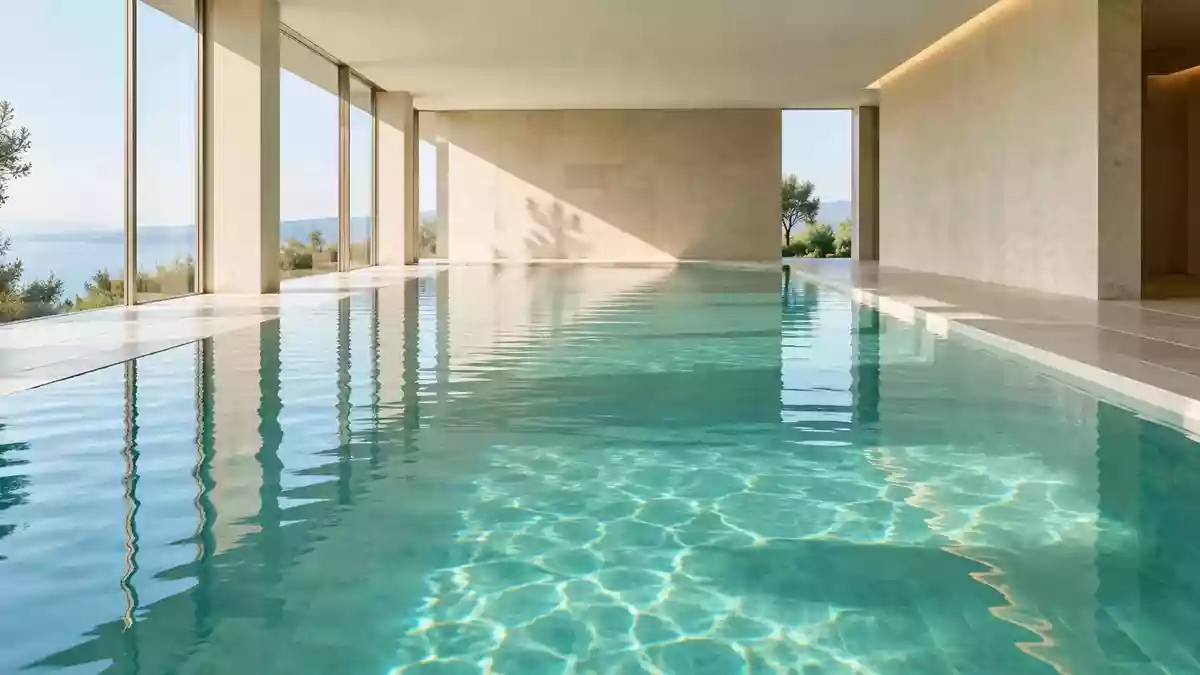 Ein helles, ruhiges Schwimmbecken mit klarem Wasser, das durch natürliches Licht beleuchtet wird. Illustration mit AI erstellt.