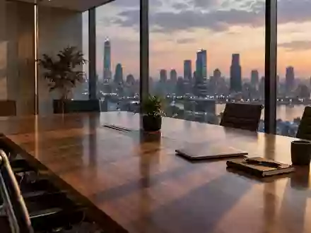 Ein minimalistisch gestalteter moderner Konferenzraum mit einem Holztisch vor einer Fensterfront bei Dämmerung. - Foto: über boerse-global.de