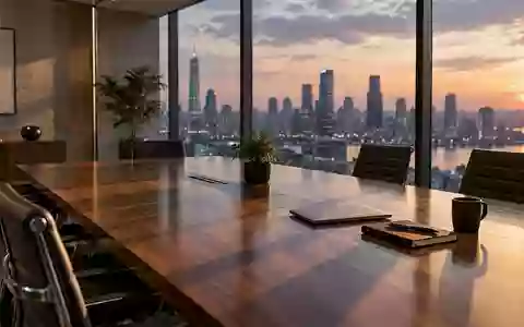 Ein minimalistisch gestalteter moderner Konferenzraum mit einem Holztisch vor einer Fensterfront bei Dämmerung. - Foto: über boerse-global.de