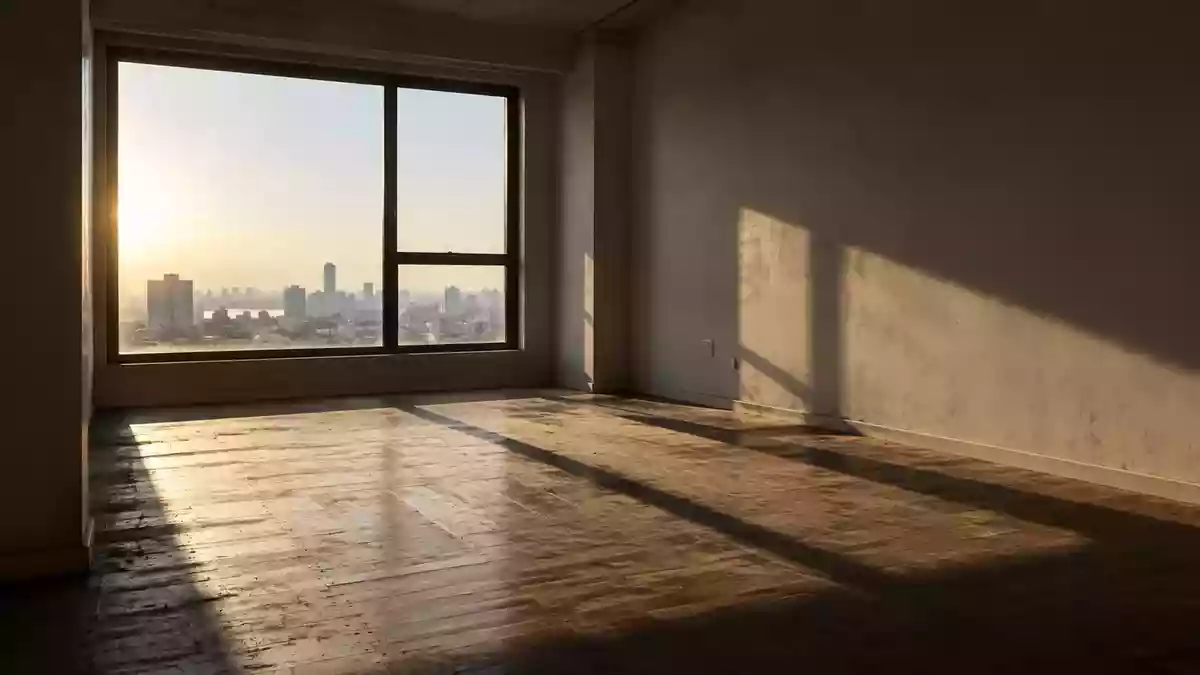 Ein leerer, sonnendurchfluteter Wohnraum mit kahlen Wänden und Holzboden in einer minimalistischen Wohnung. Illustration mit AI erstellt.