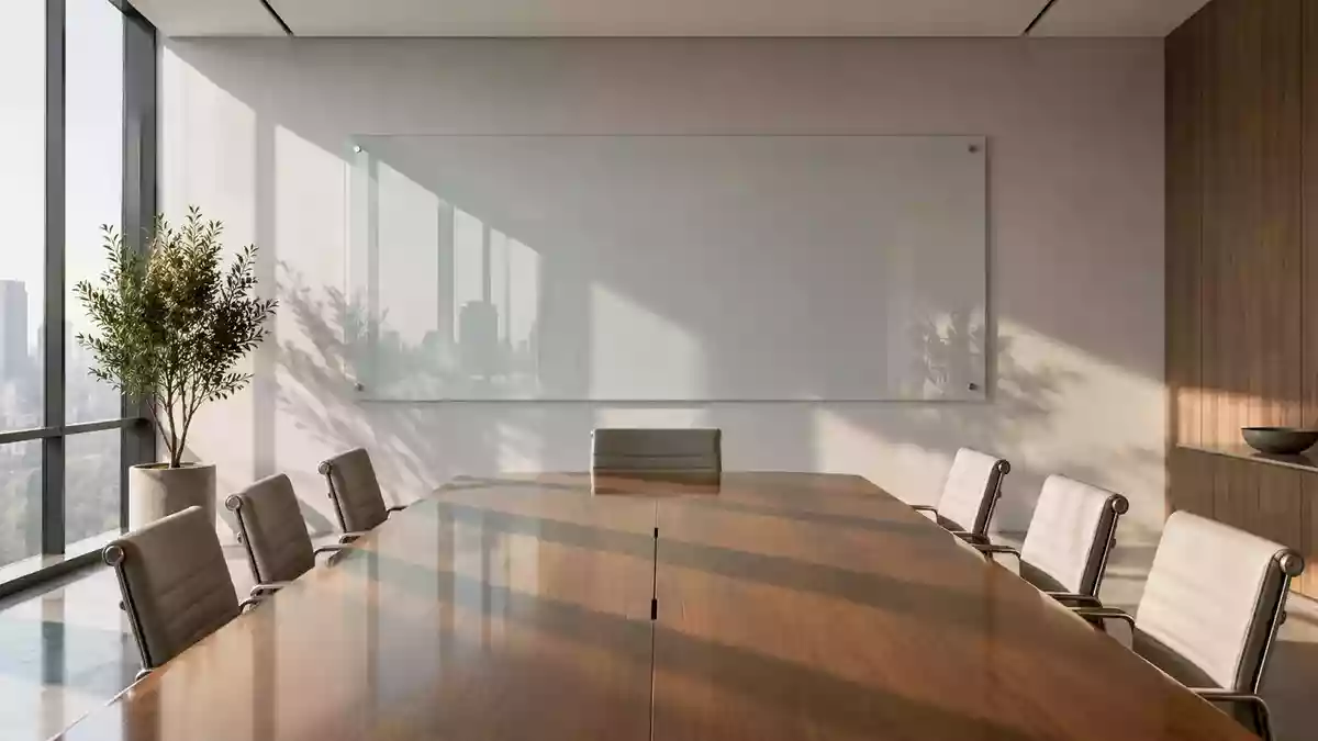 Ein minimalistischer, moderner Konferenzraum mit einem leeren Glasboard an der Wand und natürlichem Lichteinfall. Illustration mit AI erstellt.
