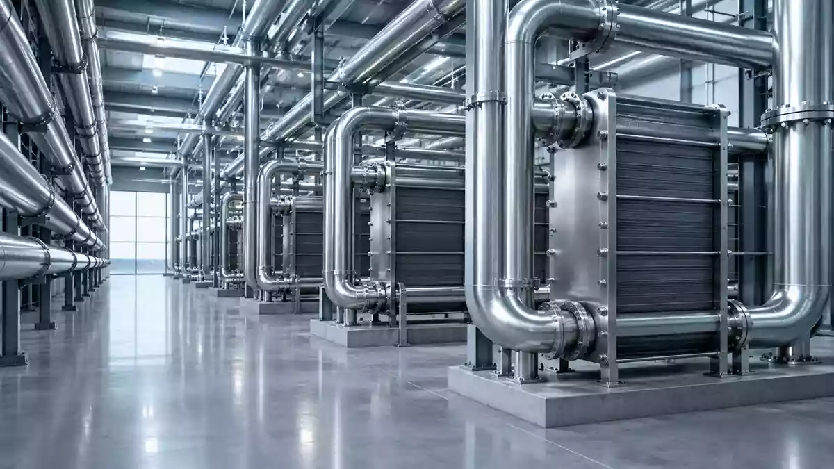 Industrielle Kühlsysteme mit glänzenden Edelstahlrohren in einer modernen Anlage. Illustration mit AI erstellt.