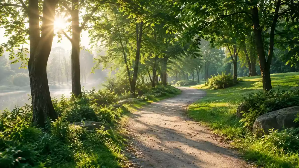 Ein sonnendurchfluteter Waldweg in einem ruhigen Park, der zu Bewegung und Erholung in der Natur einlädt. Illustration mit AI erstellt.