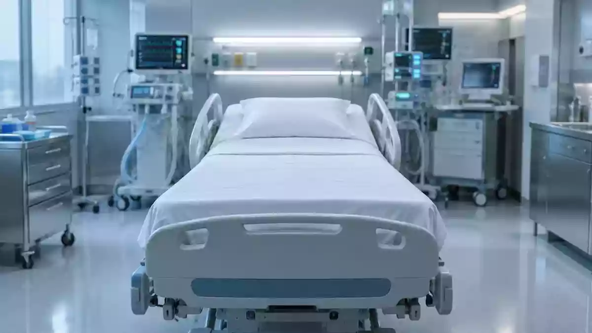 Ein steriler, modern ausgestatteter Behandlungsraum in einer kardiologischen Klinik mit einem leeren Krankenhausbett. Illustration mit AI erstellt.