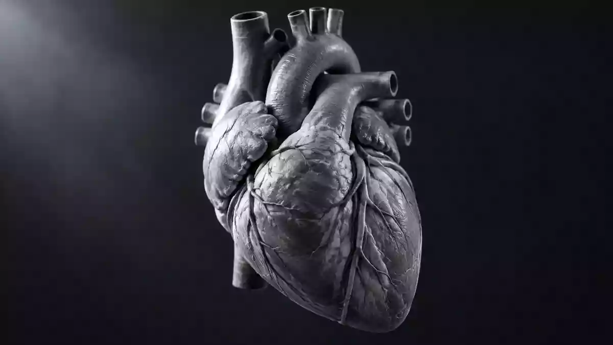 Ein anatomisches Modell des menschlichen Herzens vor einem dunklen, neutralen Hintergrund. Illustration mit AI erstellt.