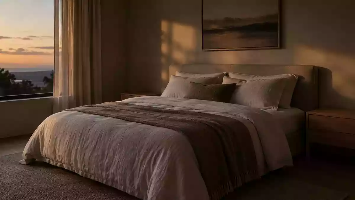 Ein schlichtes, ruhig eingerichtetes Schlafzimmer in den Abendstunden mit sanftem Licht und ungemachtem Bett. Illustration mit AI erstellt.