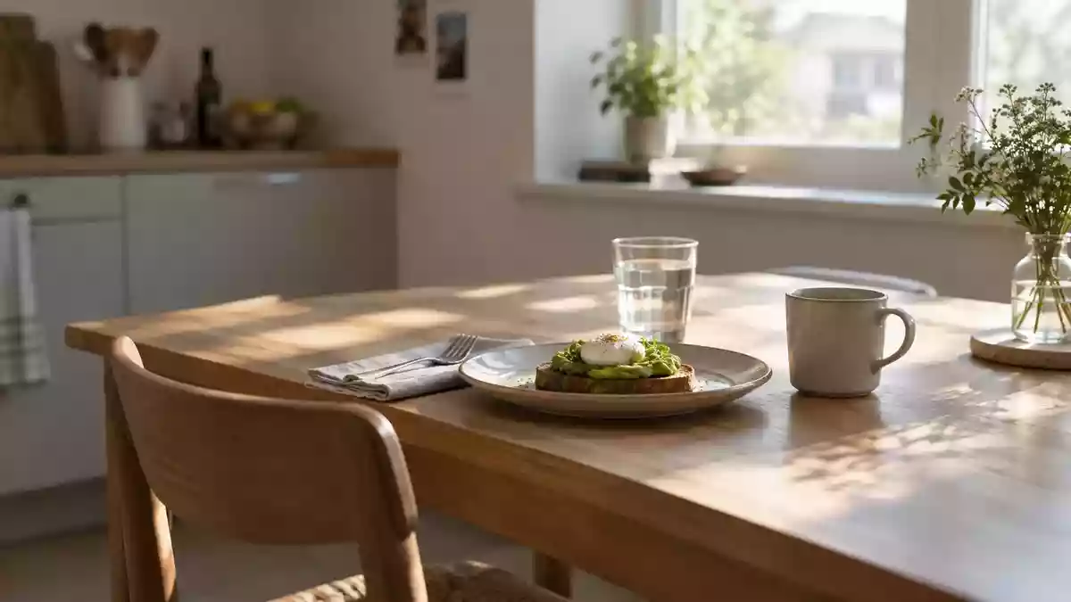 Ein minimalistisch gedeckter Holztisch in einem hellen, ruhigen Esszimmer bei Tageslicht. Illustration mit AI erstellt.