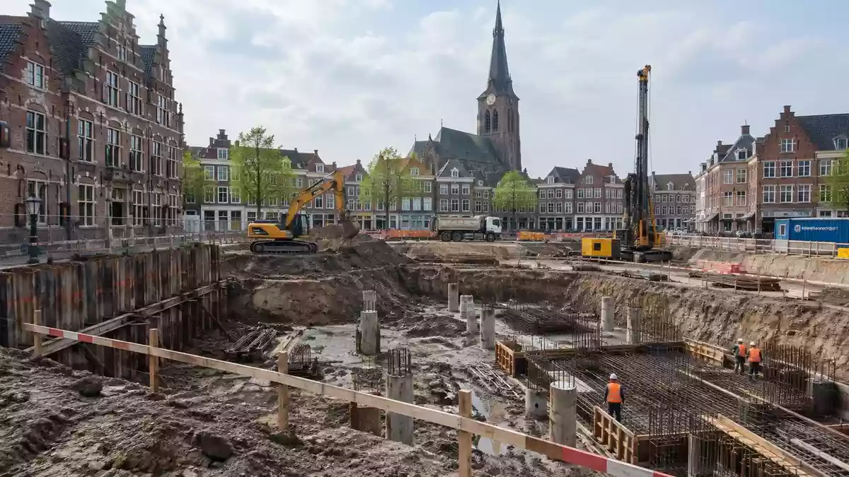 Aktive Baustelle für ein neues Studierendenwohnheim in einem historischen Stadtviertel mit Erdarbeiten und Baugrube. Illustration mit AI erstellt.
