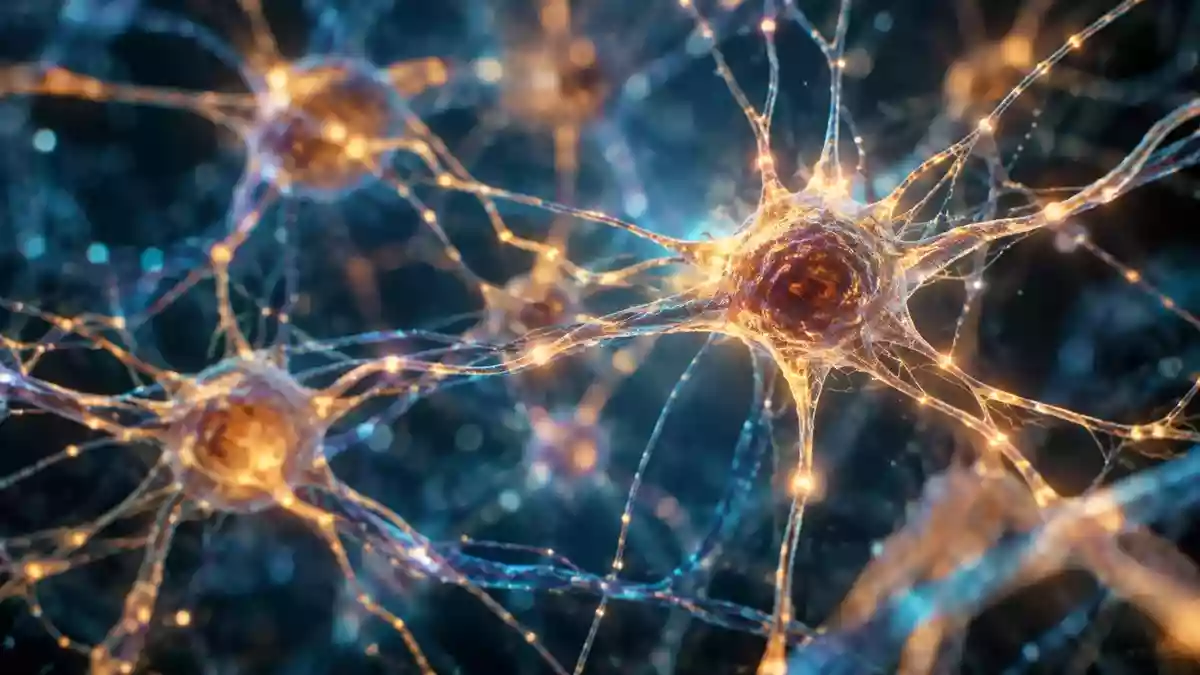 Abstrakte, mikroskopische Darstellung neuronaler Netzwerkstrukturen in warmem Licht als Symbol für kognitive Gesundheit. Illustration mit AI erstellt.