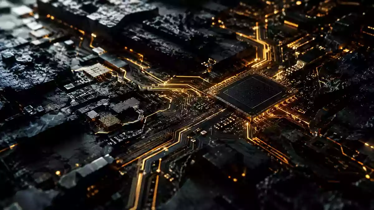 Abstrakte Darstellung einer komplexen digitalen Leiterplatte in einer dunklen, technologischen Umgebung. Illustration mit AI erstellt.