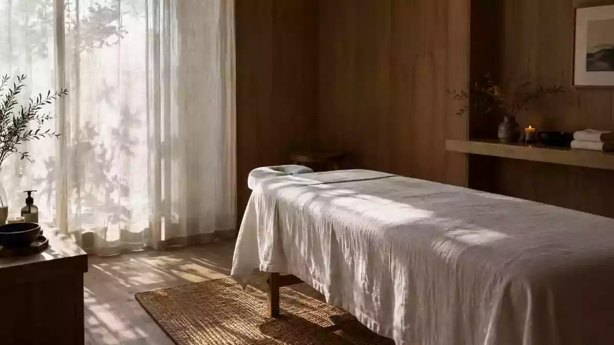 Minimalistischer Behandlungsraum mit einer Massageliege in hellem, natürlichem Licht. Illustration mit AI erstellt.