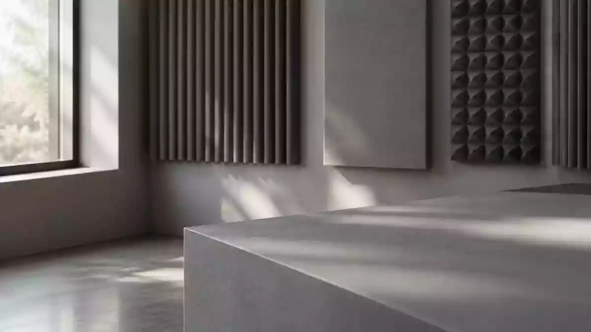 Ein minimalistisches, professionelles Tonstudio mit akustischen Wandpaneelen in neutralen Grautönen bei natürlichem Licht. Illustration mit AI erstellt.