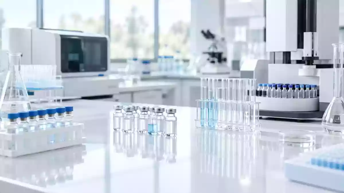 Ein klinisch-steriler Laborbereich mit präzisen Analysegeräten für medizinische Testverfahren. Illustration mit AI erstellt.