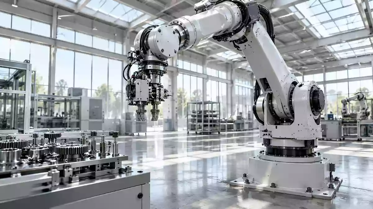 Ein präziser industrieller Roboterarm in einer hellen, minimalistischen Fertigungshalle mit poliertem Betonboden. Illustration mit AI erstellt.