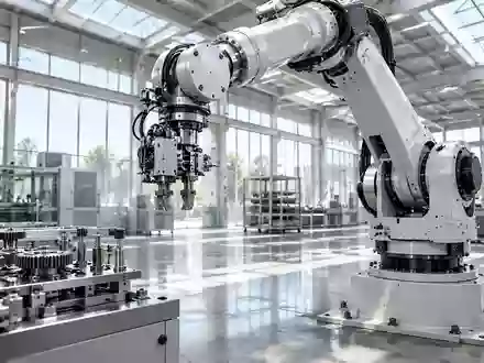 Ein präziser industrieller Roboterarm in einer hellen, minimalistischen Fertigungshalle mit poliertem Betonboden. - Foto: über boerse-global.de
