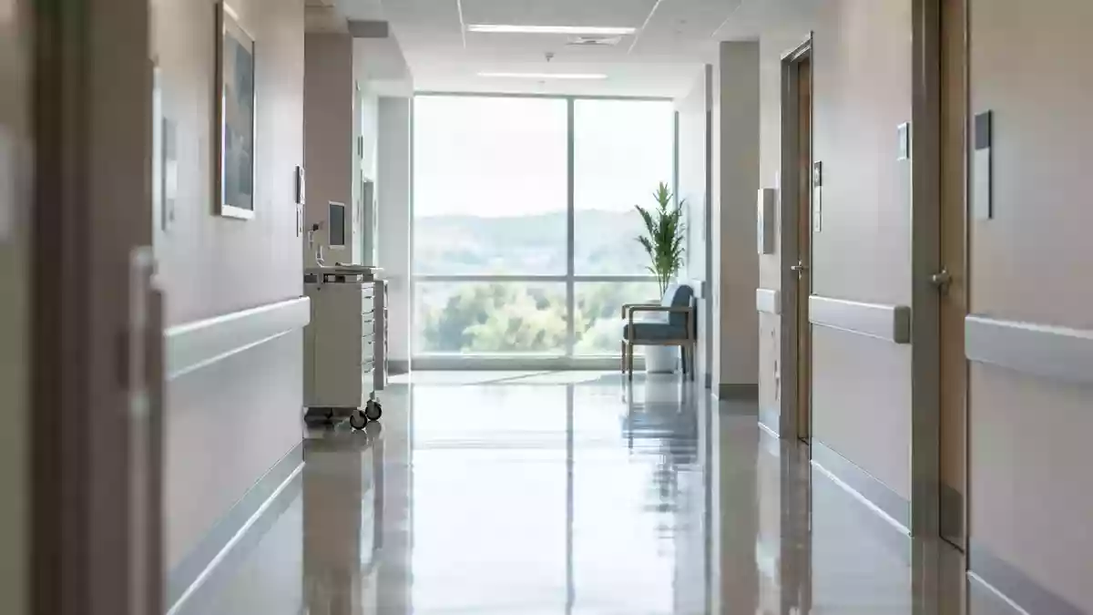 Ein ruhiger, minimalistischer Krankenhausflur mit sanftem Tageslicht, der eine nachdenkliche und professionelle Atmosphäre vermittelt. Illustration mit AI erstellt.