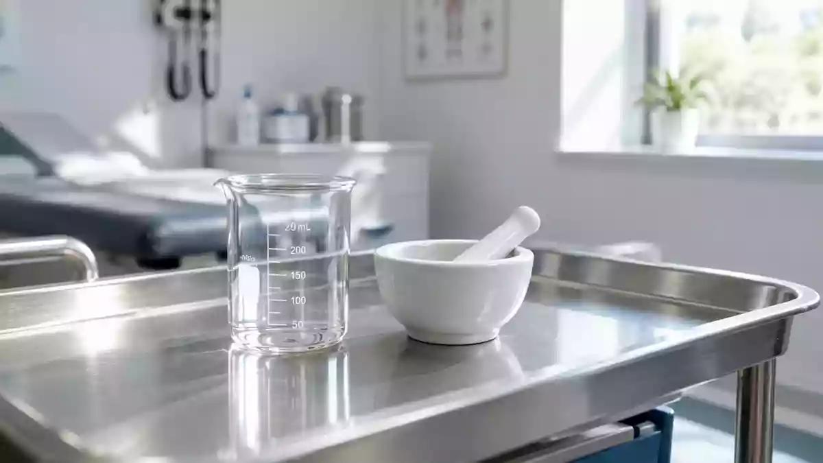 Ein steriler Untersuchungstisch mit medizinischem Zubehör in einem hellen, klinischen Behandlungsraum. Illustration mit AI erstellt.