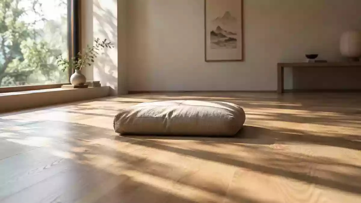 Ein minimalistischer, lichtdurchfluteter Raum mit einem einzelnen Sitzkissen auf einem Holzboden, der Ruhe und Meditation ausstrahlt. Illustration mit AI erstellt.