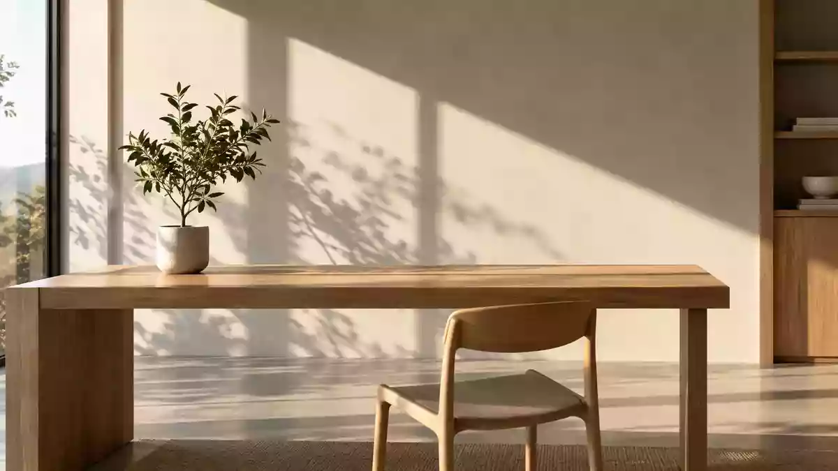 Ein minimalistischer, heller Arbeitsbereich mit einem Holztisch und einer Pflanze in einer ruhigen, modernen Umgebung. Illustration mit AI erstellt.