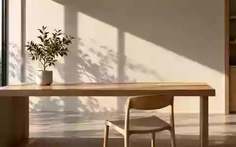 Ein minimalistischer, heller Arbeitsbereich mit einem Holztisch und einer Pflanze in einer ruhigen, modernen Umgebung. - Foto: über boerse-global.de