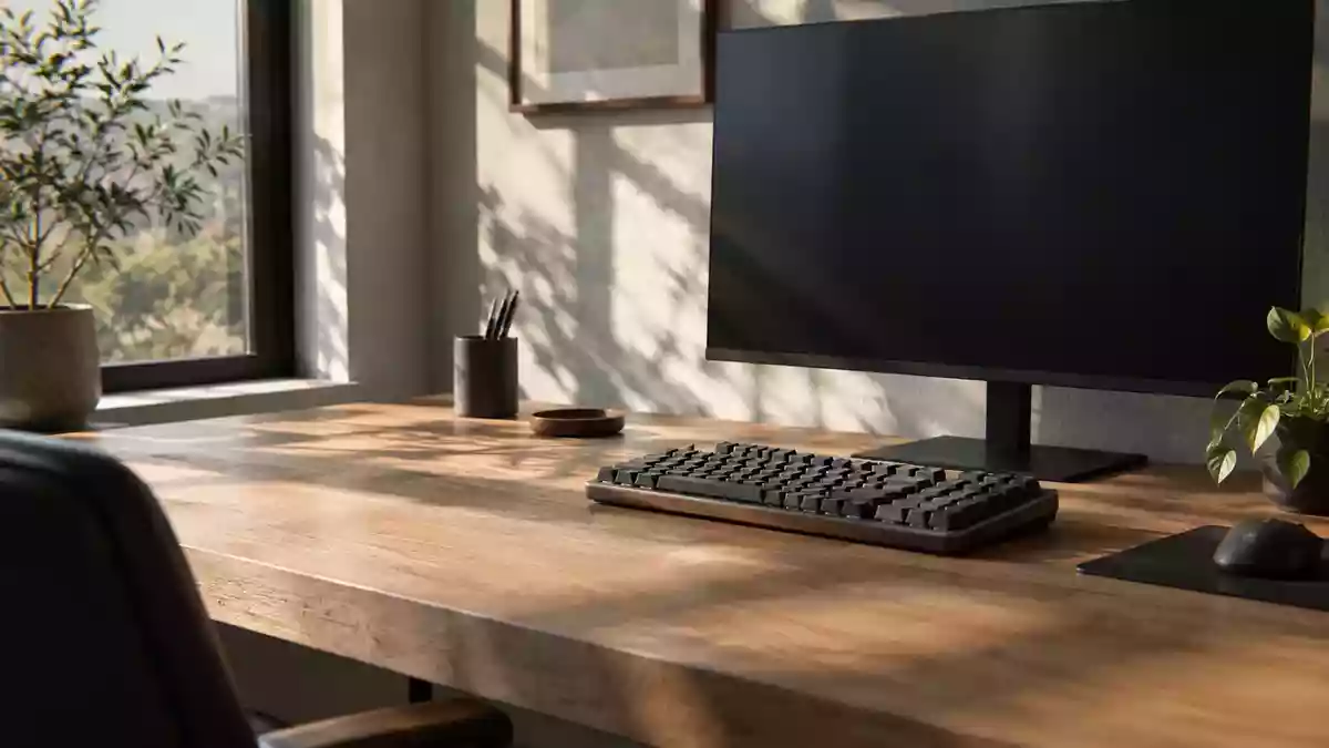 Ein minimalistischer Arbeitsplatz mit einem ausgeschalteten Monitor und einer mechanischen Tastatur in natürlichem Licht. Illustration mit AI erstellt.