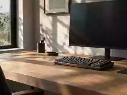 Ein minimalistischer Arbeitsplatz mit einem ausgeschalteten Monitor und einer mechanischen Tastatur in natürlichem Licht. - Foto: über boerse-global.de