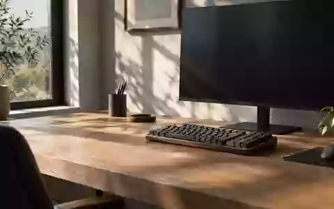 Ein minimalistischer Arbeitsplatz mit einem ausgeschalteten Monitor und einer mechanischen Tastatur in natürlichem Licht. - Foto: über boerse-global.de