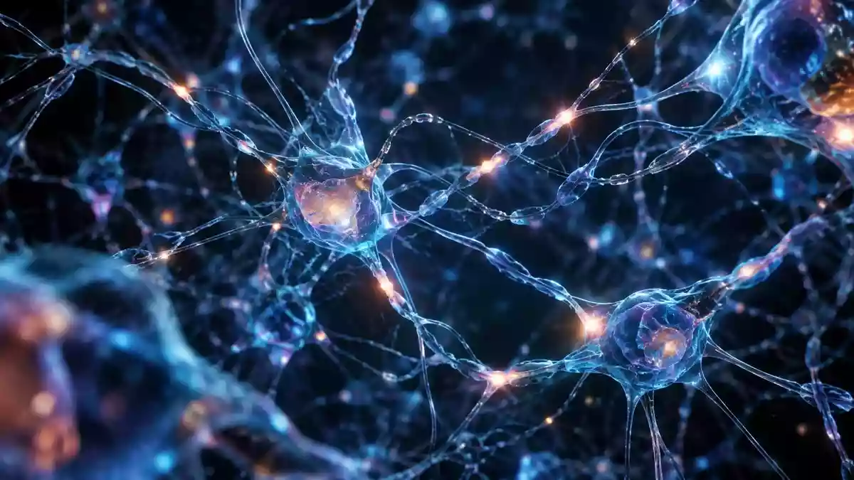 Abstrakte Darstellung eines neuronalen Netzwerks mit komplexen, leuchtenden Strukturen vor einem dunklen Hintergrund. Illustration mit AI erstellt.