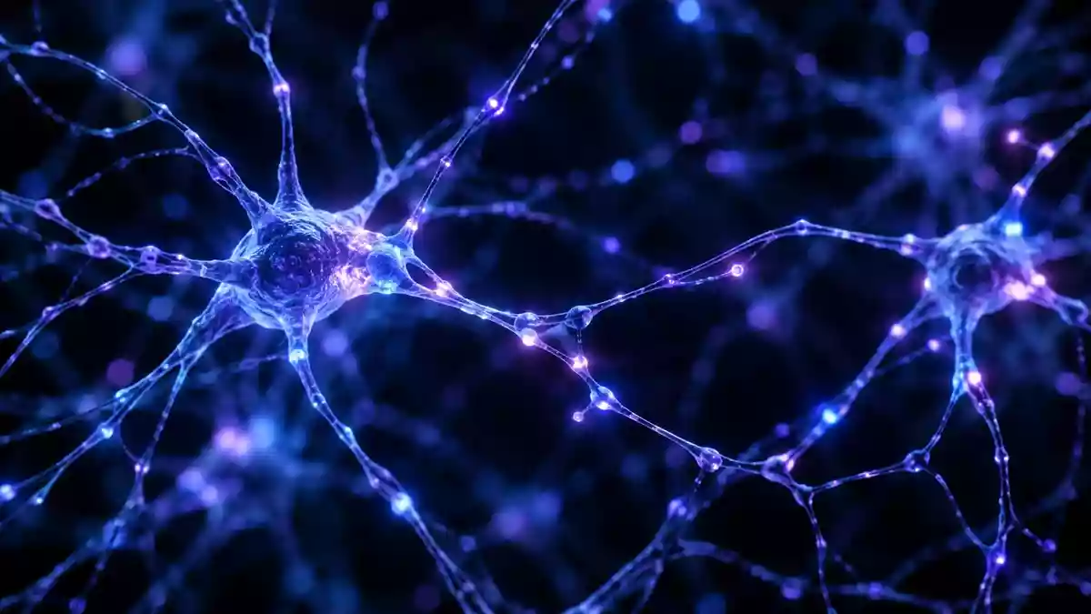 Abstrakte Darstellung neuronaler Netzwerke mit leuchtenden Verbindungen in einem dunklen, neutralen Raum. Illustration mit AI erstellt.