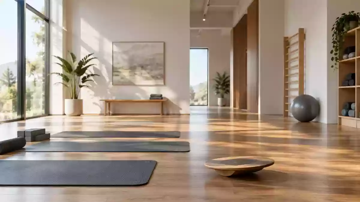 Ein minimalistischer Physiotherapieraum mit hellem Holzboden, Übungsmatten und einem Balanceboard in natürlichem Licht. Illustration mit AI erstellt.