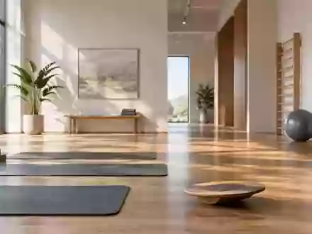 Ein minimalistischer Physiotherapieraum mit hellem Holzboden, Übungsmatten und einem Balanceboard in natürlichem Licht. - Foto: über boerse-global.de