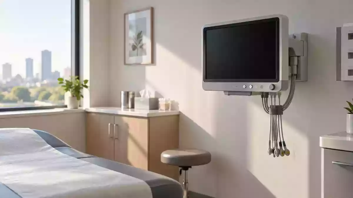 Ein minimalistisches, modernes Behandlungszimmer in einer kardiologischen Praxis mit einem ausgeschalteten EKG-Gerät. Illustration mit AI erstellt.