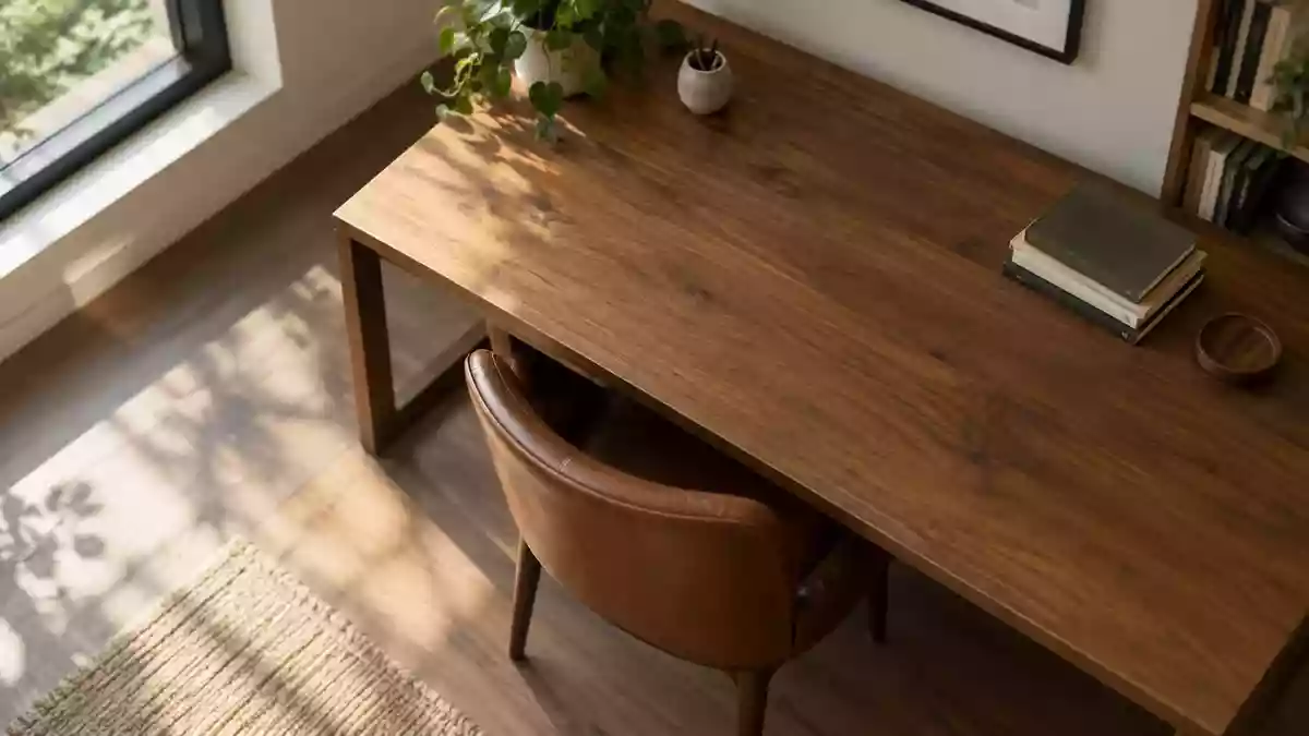 Ein aufgeräumter, minimalistischer Schreibtisch in einem ruhigen Arbeitszimmer bei natürlichem Licht. Illustration mit AI erstellt.