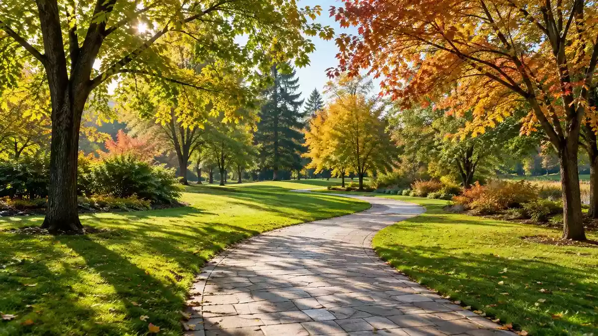 Ein sonniger, gepflasterter Weg in einem ruhigen Park mit grünen Wiesen und Bäumen im Herbstlicht. Illustration mit AI erstellt.
