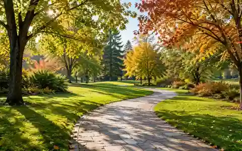 Ein sonniger, gepflasterter Weg in einem ruhigen Park mit grünen Wiesen und Bäumen im Herbstlicht. - Foto: über boerse-global.de