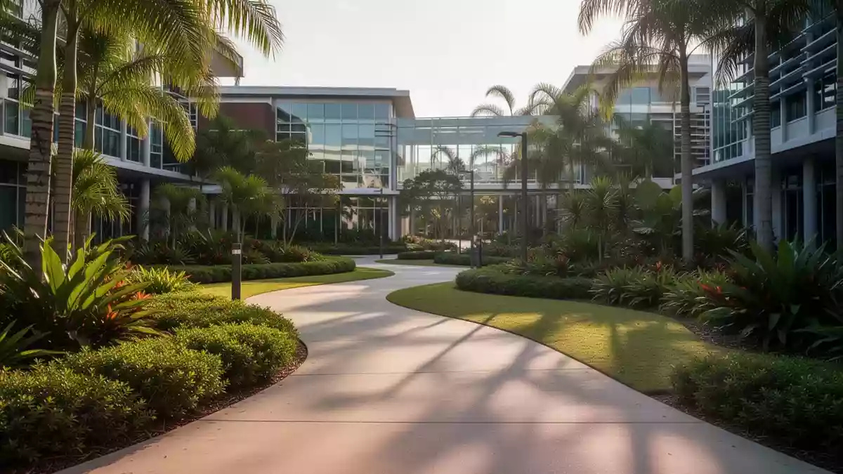 Ein moderner, bepflanzter Fußweg auf einem Universitätscampus in Australien bei Tageslicht. Illustration mit AI erstellt.