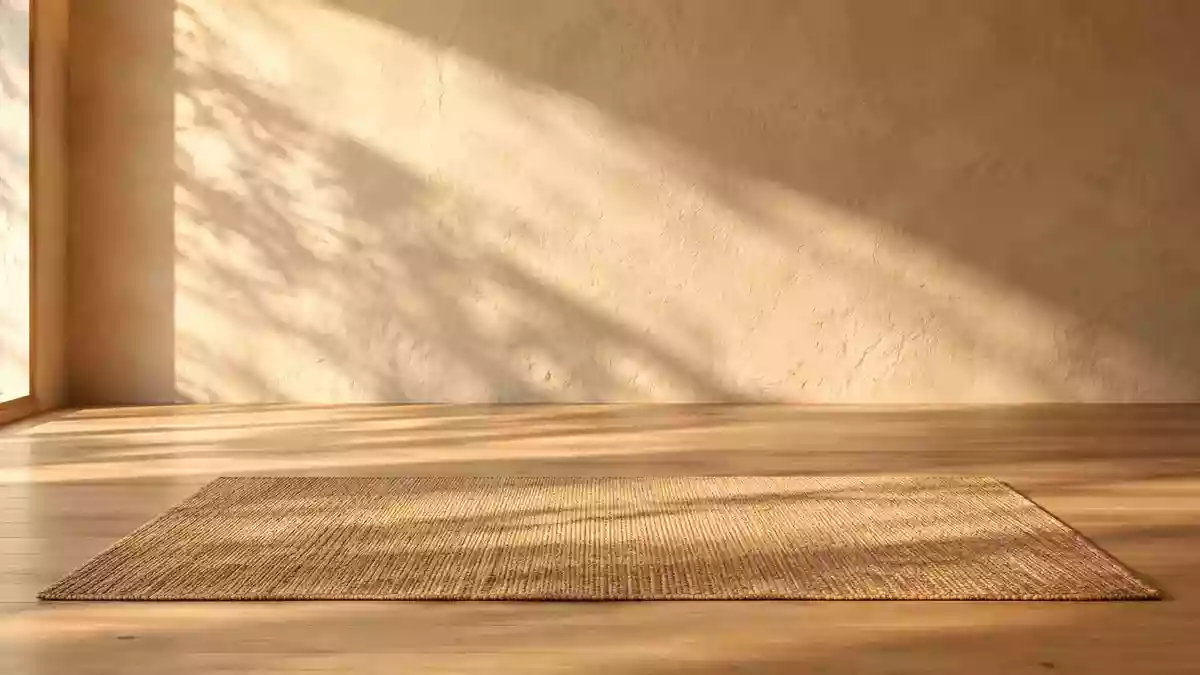 Ein minimalistischer Meditationsraum mit einer Bodenmatte aus Naturfasern in warmem, indirektem Tageslicht. Illustration mit AI erstellt.
