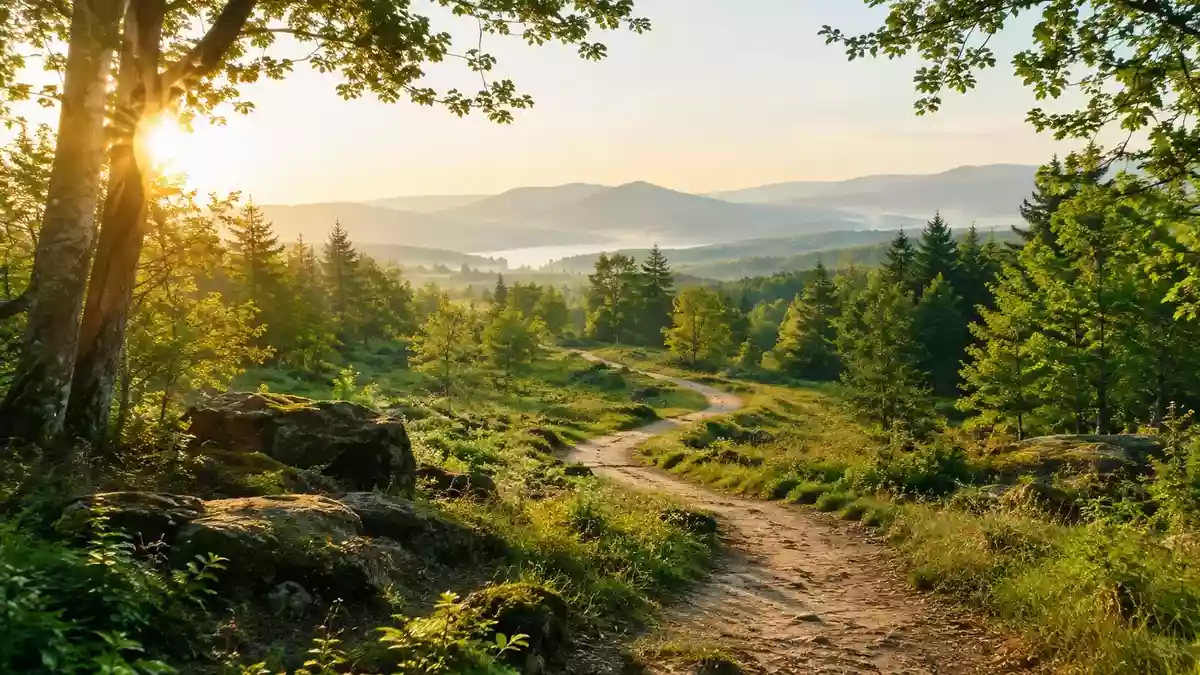 Ein sonnendurchfluteter Waldweg in einem hellen Waldstück, der den langfristigen Lebensverlauf symbolisiert. Illustration mit AI erstellt.