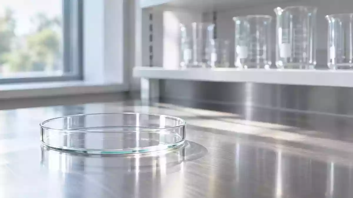 Ein leeres Glas-Petrischälchen auf einer sterilen Edelstahloberfläche in einem hellen, klinischen Laborraum. Illustration mit AI erstellt.