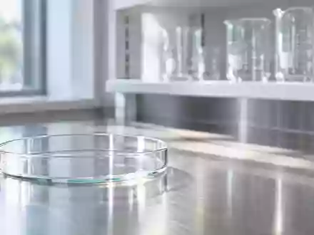Ein leeres Glas-Petrischälchen auf einer sterilen Edelstahloberfläche in einem hellen, klinischen Laborraum. - Foto: über boerse-global.de