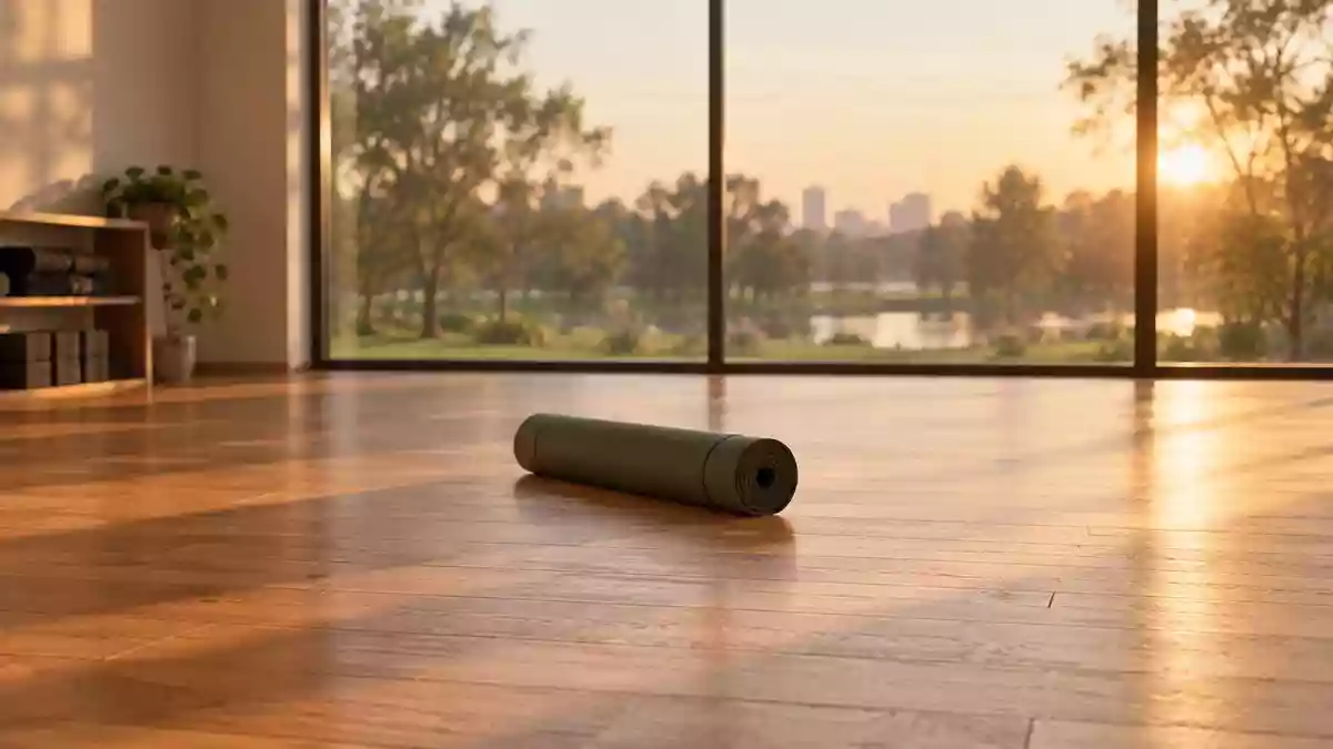 Ein minimalistischer Trainingsraum mit einer zusammengerollten Yogamatte auf einem Holzboden in warmem Tageslicht. Illustration mit AI erstellt.