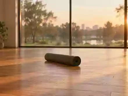 Ein minimalistischer Trainingsraum mit einer zusammengerollten Yogamatte auf einem Holzboden in warmem Tageslicht. - Foto: über boerse-global.de
